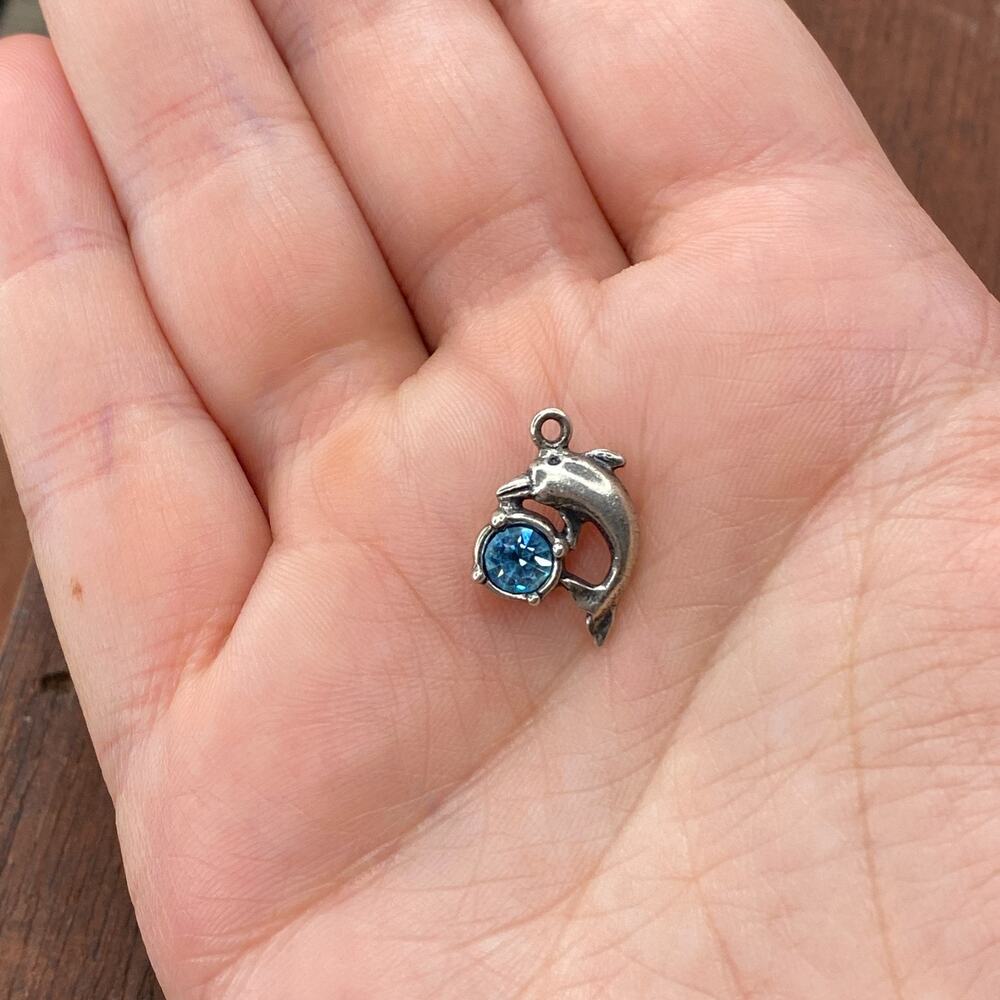 Vintage 925 Sterling Silver Dolphin Blue Rhinestone Ocean Pendant Bracelet Charm